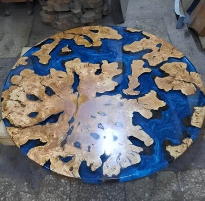 Custom-Made Blue Epoxy Resin Round Coffee Table | Handmade Solid Walnut Wood - Image 1 of 4