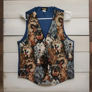 Gilet arazzo vintage anni 90 bottoni, uomo piccolo, fantasia cane con retro blu - Foto 1 di 9