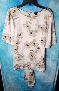 ANN TAYLOR LOFT Ladies Floral White 3/4 Bell Sleeve Tie Back Blouse Size L NWT - Picture 1 of 5