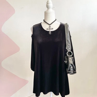 Black Velvet Long Sleeve Top Whimsigoth 90s Gothic Grunge Witchy Medium - Image 1 of 4