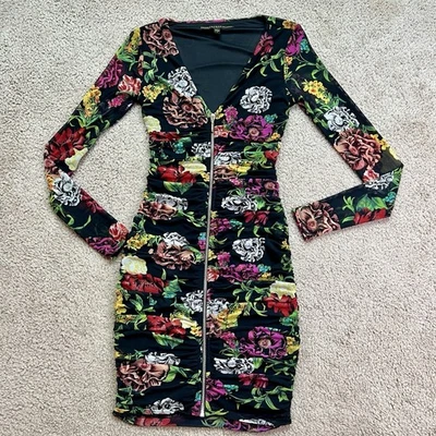 GUESS Black Floral Long Sleeve Ruched Bodycon Dress Front Zipper Size S Stretchy - Image 1 of 4