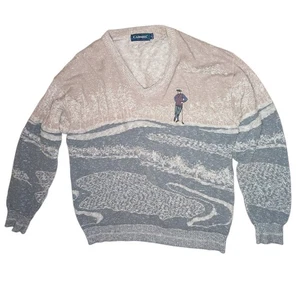 Vintage Carmel Herren Golf bestickt Pullover L V-Ausschnitt beige grau Muster Golfer USA - Bild 1 von 6
