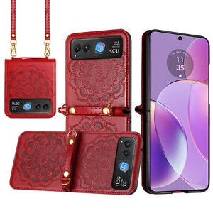 For Motorola Razr 2024 Embossed Floral Design Case Cover with Strap - Red - Picture 1 of 1