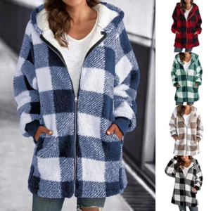 Ladies Teddy Bear Fleece Fur CHECKED Coat Hooded Jacket Zip Up Outwear ✽ - Picture 1 of 23