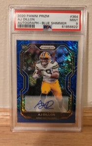 2020 PANINI PRIZM AJ DILLON RC ROOKIE #364 AUTO BLUE SHIMMER /25 PSA 9 🔥POP 5