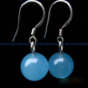 Handmade 12mm Blue Aquamarine Round Gemstone Silver Hook Dangle Earrings AAA
