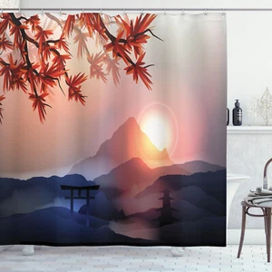 Himalaya Peaks with Sun Life Circle Symbol Culture Artwork Shower Curtain Set - Picture 1 of 2