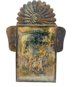 Primitive Antique Mexican Old Tin Nicho Frame Jesus On The Cross Retablo c.1900 - Picture 1 of 5