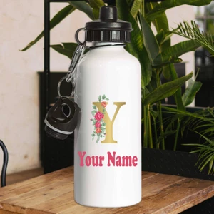 Flowers Golden Color Name Water Bottle Sports Kids School Gym Office Gift - Picture 1 of 4