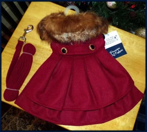NWT Wool Fur-Trimmed Dog Harness Burgundy Coat by Doggie Design  Small ~ Medium - Picture 1 of 6