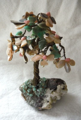 Antique Jade Rose Quartz Abalone Shell Twisted Brass Bonsai Tree on Copper Base - Image 1 of 4