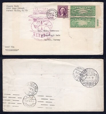 1936 Hindenburg Zeppelin First Flight Cover to Norway -  Sweden Germany C9 Plate - Image 1 of 3