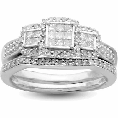 1/2ct Natural Diamond Engagement Ring Set 14K White Gold Plated Sterling Silver - Image 1 of 2