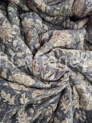 Indian Jaipuri Razai Cotton Kantha Hand Block Print Grey Floral Quilt King Size - Image 1 of 4