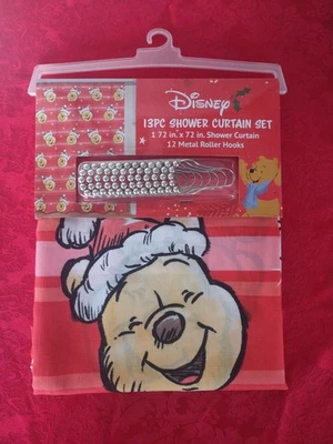 Conjunto de cortina de chuveiro de Natal Disney Classic Winnie the Pooh Bear 72x72 novo com etiquetas - Imagem 1 de 4