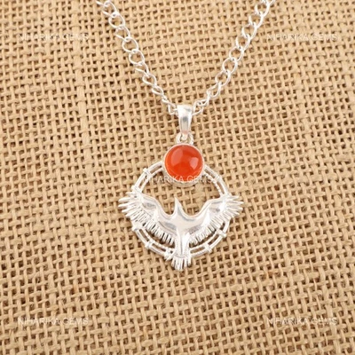 925 Argento Rotondo Corniola Gemma Compleanno Halloween Mano Matrimonio Ciondolo - Immagine 1 di 4