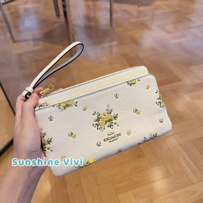 NWT Coach CAY51 Double Zip Wallet With Floral Print Pebble Leather Chalk Multi - Image 1 of 4