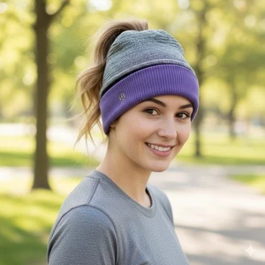 Lululemon Pony Run With Me Beanie Hat Purple Black Gray Stripe Toque Ponytail - Picture 1 of 6