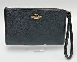 COACH Signature Double Zip Wristlet Wallet Black Solid Canvas Leather (C-39) - Picture 1 of 4