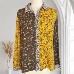 Blusa Camisa Umgee Floral Bloques de Color Talla L Largo Mangas con Pestaña Enrollable Boho - Imagen 1 de 9