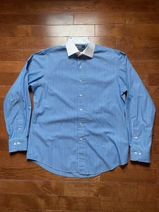 Polo vintage di RALPH LAUREN Regent vestibilità personalizzata blu camicia a righe bianche taglia 16/34-35 - Foto 1 di 15