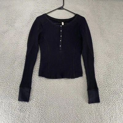 Camisa Free People FP Movimiento Mujer Pequeña Negra Acanalada Henley Amiri Tejido Top Foto 1 de 4