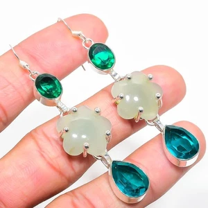 Pendiente de plata de ley 925 con piedras preciosas de peridoto y prehnita natural 2,96" U255 - Imagen 1 de 8