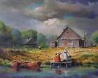 Home Decor Modern oil painting A wooden house by the river handpainted on canvas