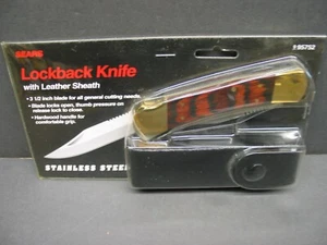 Sears Folding Lockback Knife Wood Handle Leather Case - Picture 1 of 2