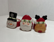 Set (3)-Ceramic Xmas T-Lite Candle Holders-Snowman/Santa/Reindeer w/Candles-New