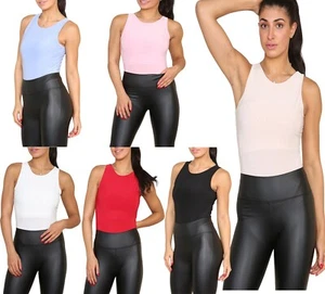 Womens Sleeveless Round Neck Slinky Racer Bodysuit Ladies Double Layered Leotard - Picture 1 of 18