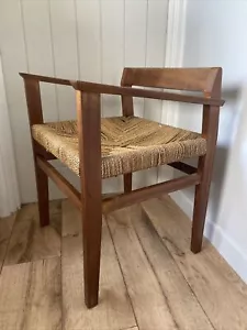 Vintage Mid Century Retro Wood Teak Arm Side Chair 70s Handmade Wales Woven - Picture 1 of 14