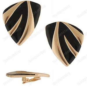 CLIP ON BIG 4cm LARGE clips BLACK ENAMEL stripe metal EARRINGS GOLD Finish - Picture 1 of 4