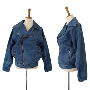 80's Denim Distressed Biker Bomber Jacket - Picture 1 of 5