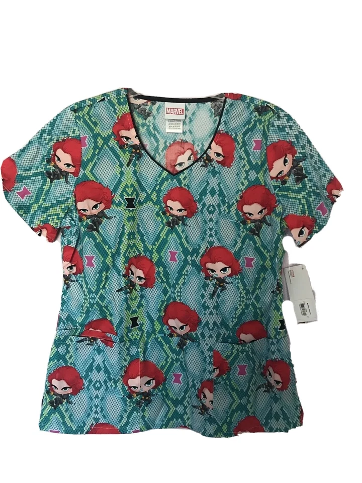 Marvel Black Widow  Scrub Top  Uniform Double Pocket Small  Nwt - Image 1 of 4