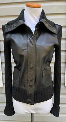 INC INTERNATIONAL CONCEPTS black leather jacket 100% cotton knit back + sleeves - Image 1 of 4