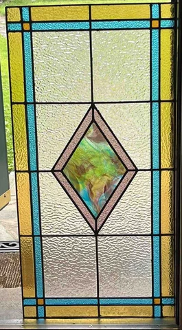 ANTIQUE LEADED STAINED GLASS TRANSOM WINDOW, TIE-DYE CENTERPIECE, ZERO CRACKS Cover