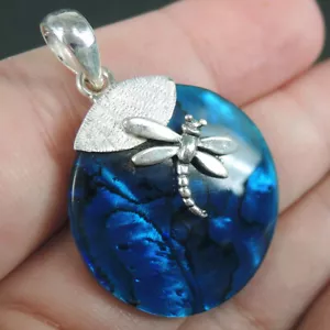 Colgante de libélula concha de abulón azul redondo de plata de ley 925, BPP-16 - Imagen 1 de 7