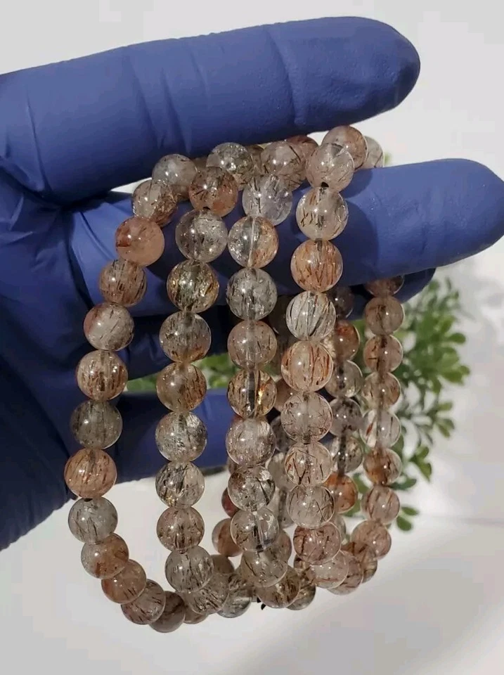 Natural Red & Blk Hair Copper Rutilated Quartz Clear Round 7mm Bead Bracelet 1pc - Image 1 of 4