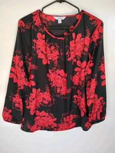 CROFT & BARROW Women's Red Black Long Sleeve Roses Blouse Medium - Picture 1 of 8