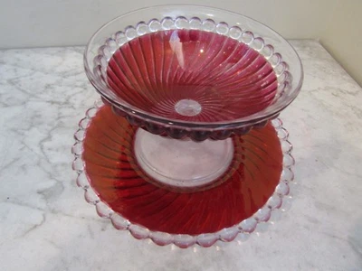 VTG Indiana Glass Diamond Point Ruby Flash Footed Bowl With Saucer 4" x 7" - Image 1 of 4