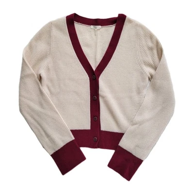 Cardigã Rag and Bone Penelope Vee Cashmere lã botão frontal creme vermelho tamanho grande - Imagem 1 de 4