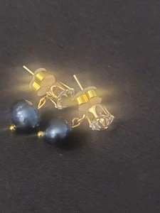 18k Gold Plated Black Pearl Cubic Zirconia Earrings - Picture 1 of 3