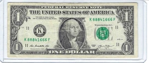 Rare Fancy Serial Number $1 One Dollar / 2 DUAL SOLID TRIPLE BOOKENDs K88841666F - Picture 1 of 3