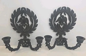 Cast Iron American Eagle Laurel Wreath Double Candle Wall Sconces Set Of 2 - Picture 1 of 4