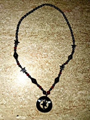 Beautiful Hematite & Glass Amber Stone Necklace.  VERY NICE - Image 1 of 4