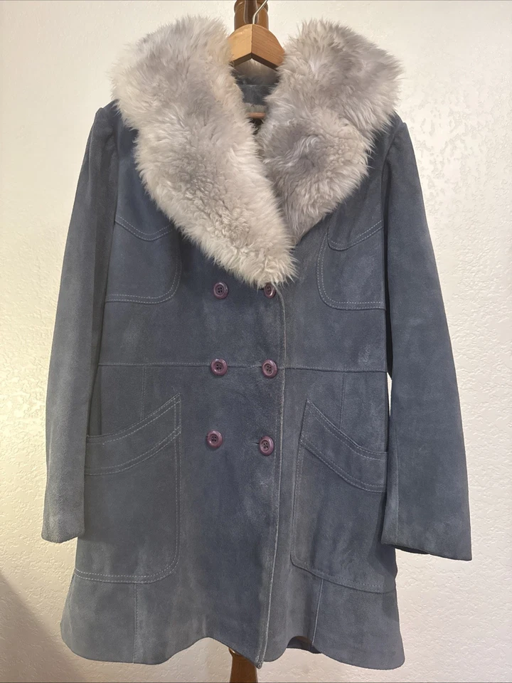 RARO Vintage Penny Lane Anos 70 Camurça Azul Comprimento Médio, Gola de Pele Grande Tamanho Pequeno - Imagem 1 de 4