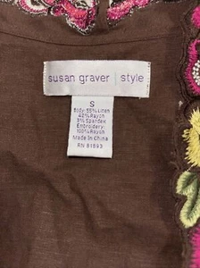 Susan Graver style S Floral Embroidered Button Down Shirt Top Linen Jacket Brown - Picture 1 of 12