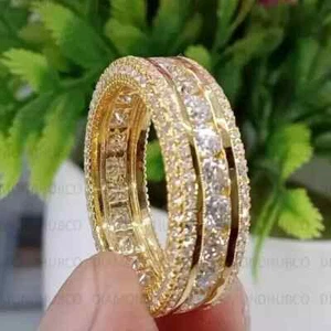3Ct Round Cut Real Moissanite Eternity Wedding Band Ring 14K Yellow Gold Plated - Picture 1 of 10