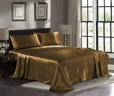 Coffee Full Size Satin Silky Sheet Set With Pillowcase Microfiber Deep Pocket - Image 1 of 4